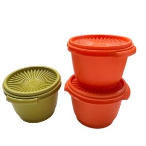 3 Tupperware Vintage Storage Containers 886-14 Green Orange Round Snap on Lids